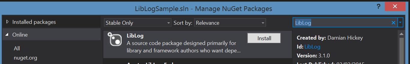 LibLog Nuget Package Manager
